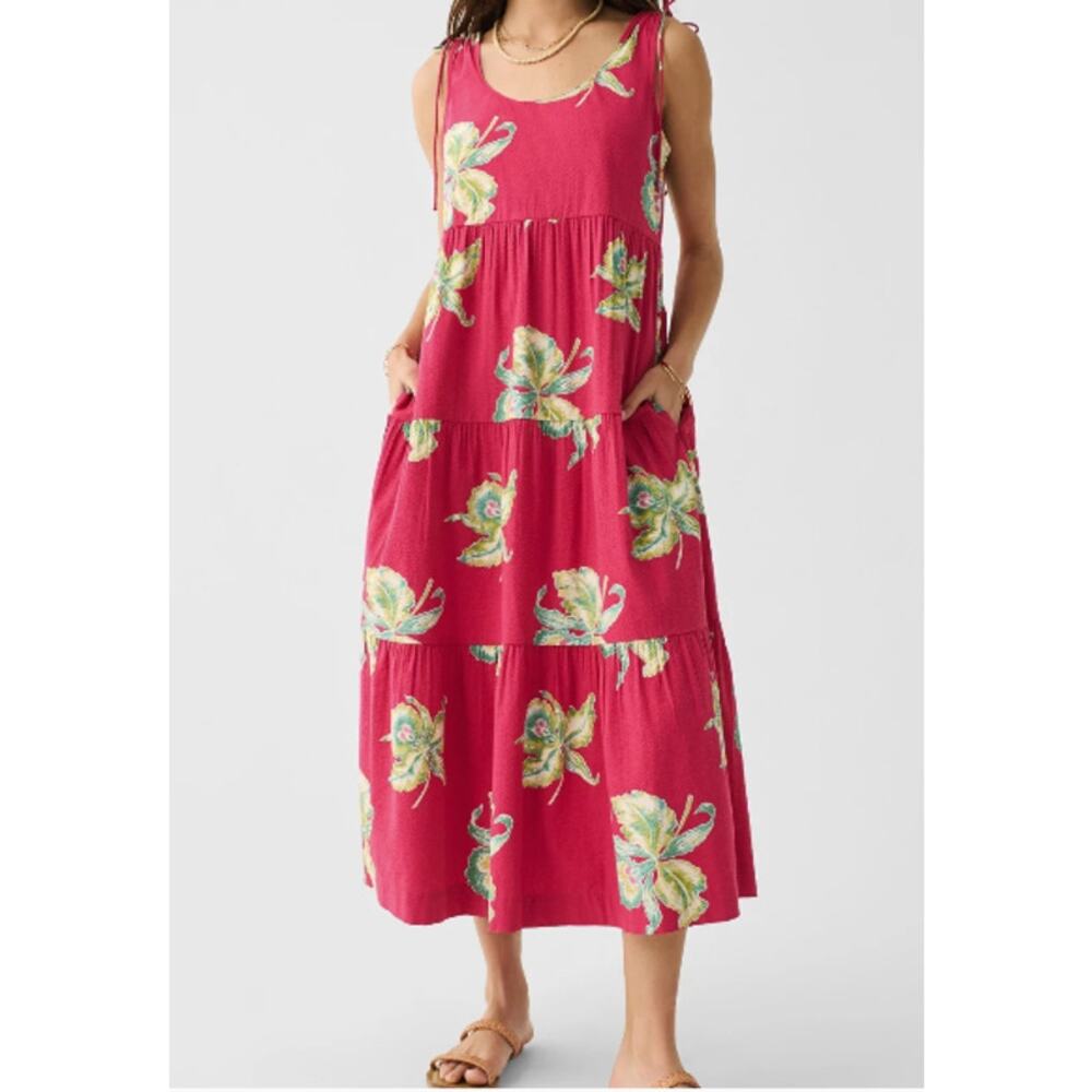 Faherty Hot Pink Floral Tiered Maxi Dress